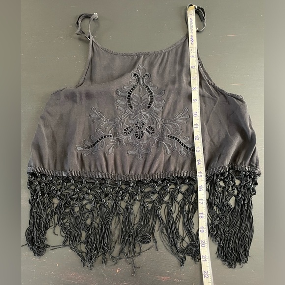 Solemio Black Cropped Tank Top Cami w/ Fringe and Embroidery Cut out Size Small - Picture 8 of 10